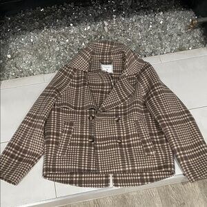 Plaid Taupe Wool Pea Coat